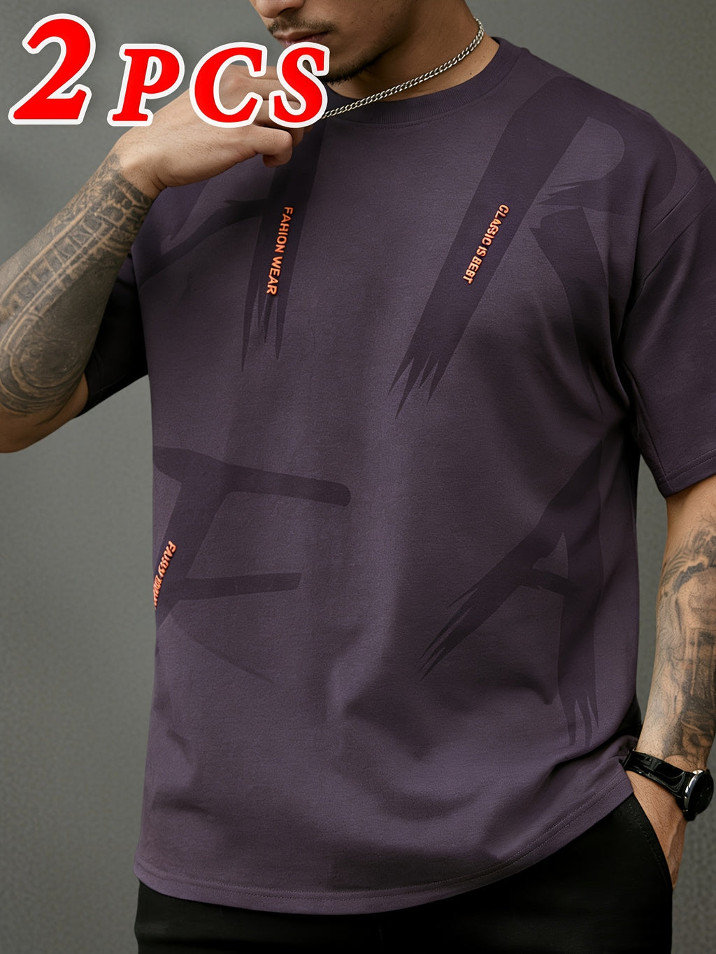 2pcs, Men'S Short Sleeve T-Shirts, Summer Short Sleeve Fashion Trendy Short Sleeve T-Shirts, Loose Letter Print Elastic Short Sleeve Sports Top, Teenager Round Neck Breathable Trendy T-Shirt, Suitable for Daily Wear, School, Street, Sports Wear - 2 pieces - purple + black