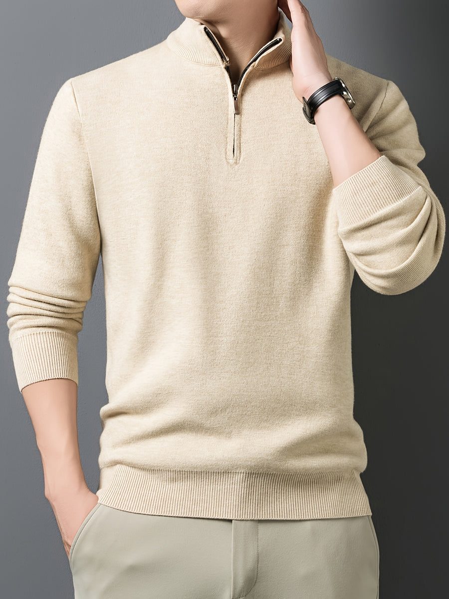 1pc Men'S Solid Color Small Stand Collar Knit Pullover Autumn Winter Zipper Casual Fleece Warm Top - Khaki