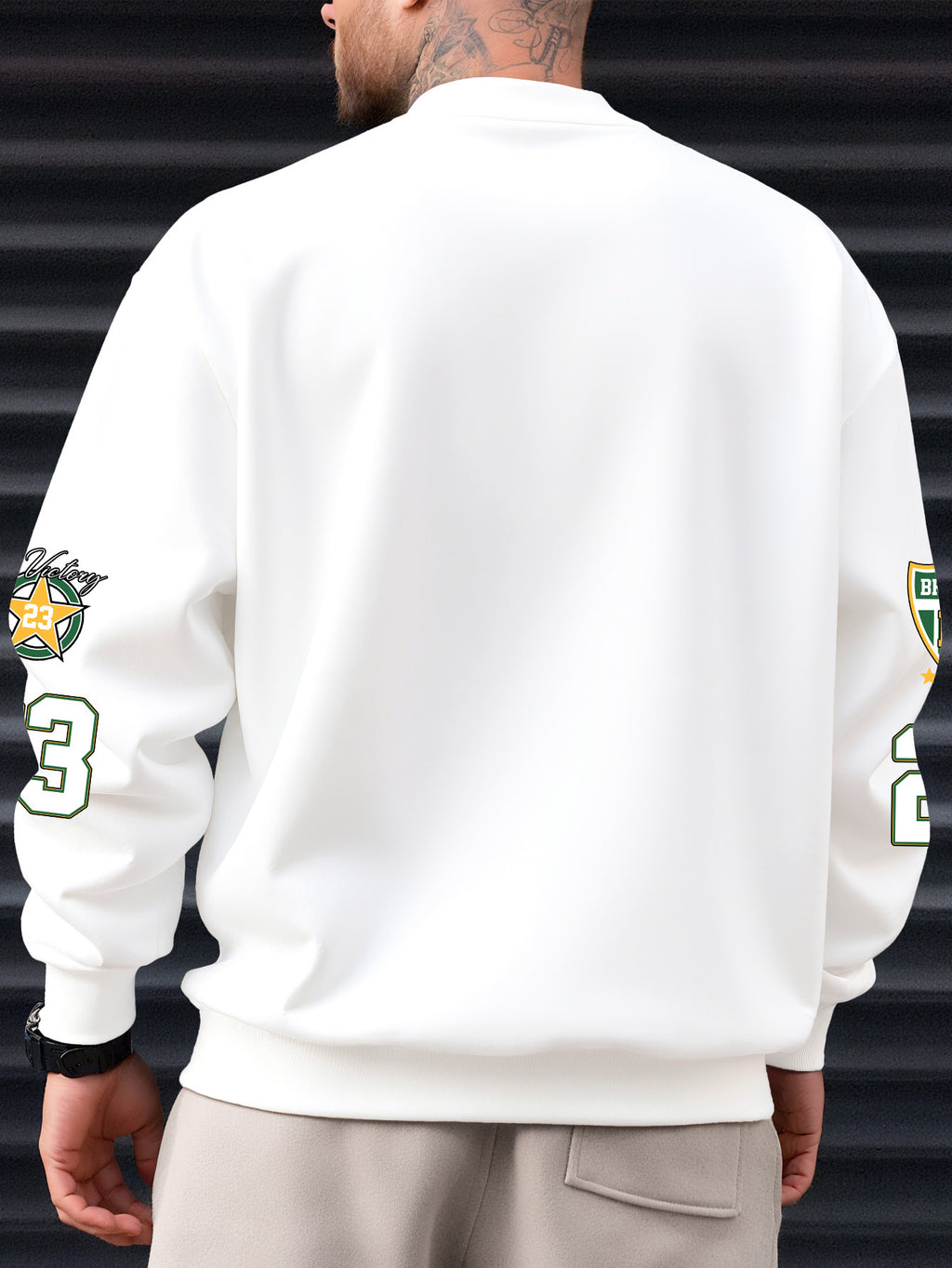Men's Crew Neck Sweatshirt, Workwear Style, Vintage Print, Versatile Everyday Top - White