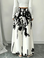 Black White Floral Print Wide Leg Pants Summer Autumn High Waist Palazzo Trousers - Black