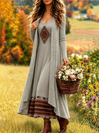 Autumn Winter Fashion New Retro Two-Piece Set, Solid Color Long Cardigan Jacket And Geometric Diamond Print Cami Dress Suit - Khaki