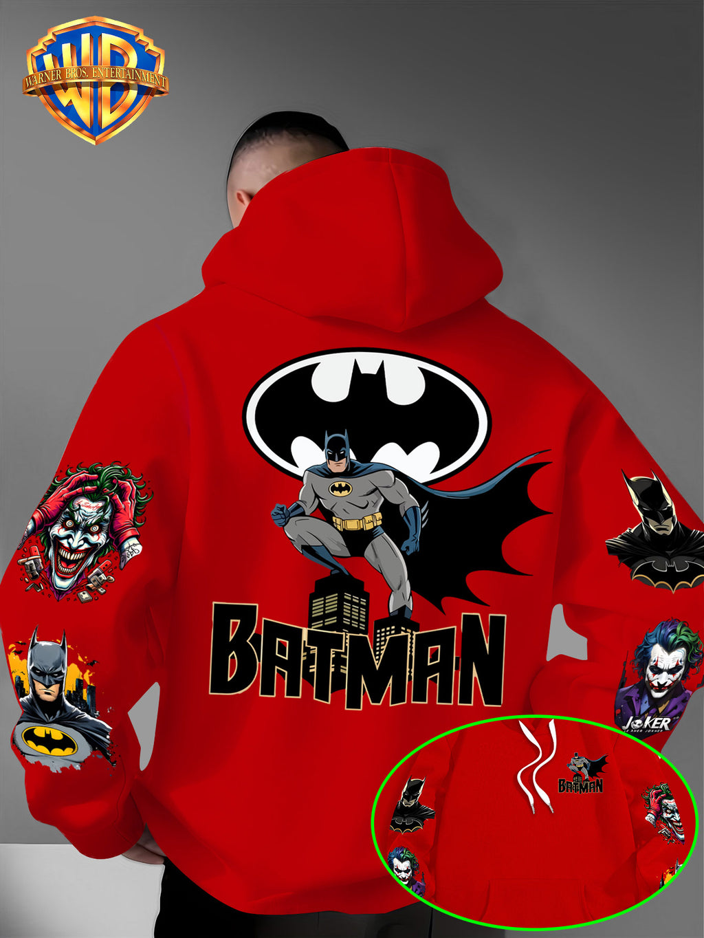 DC Batman Joker IP Official Hooded Sweatshirt with Gotham Crouching Batman on the Back + Bat Logo Themed Print, Drawstring Loose Hoodie, Wear-Resistant and Wash-Resistant Autumn/Winter Trendy Top - Red