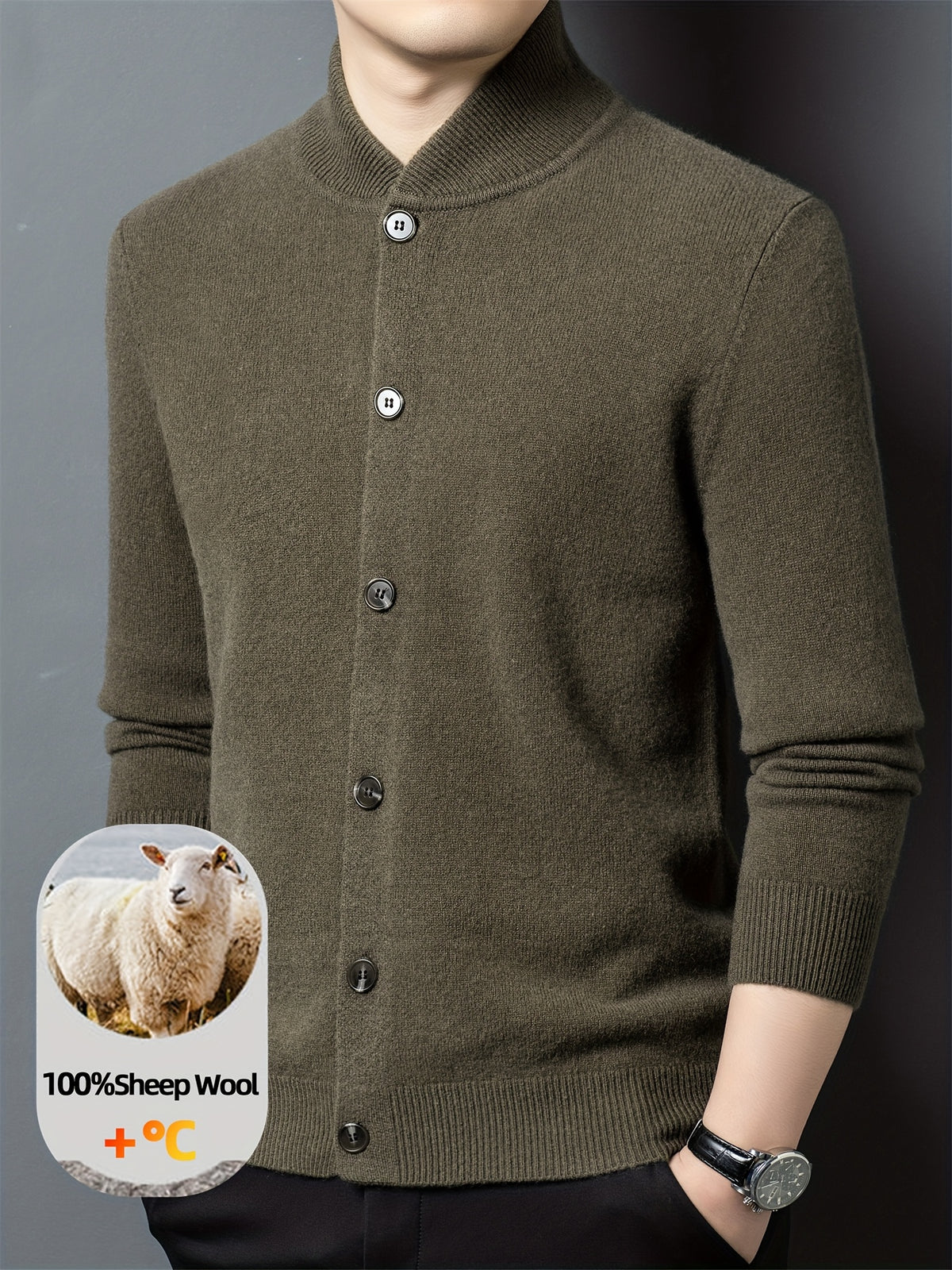 Xingfan OBM 2025 Autumn/Winter Men's 100% Wool Stand Collar Knit Cardigan, Crafted from Premium Pure Wool. Featuring a Simple yet Elegant Stand-up Collar and Single-breasted Button Design for Strong Warmth Retention. The Standard Fit Is Suitable - fern green