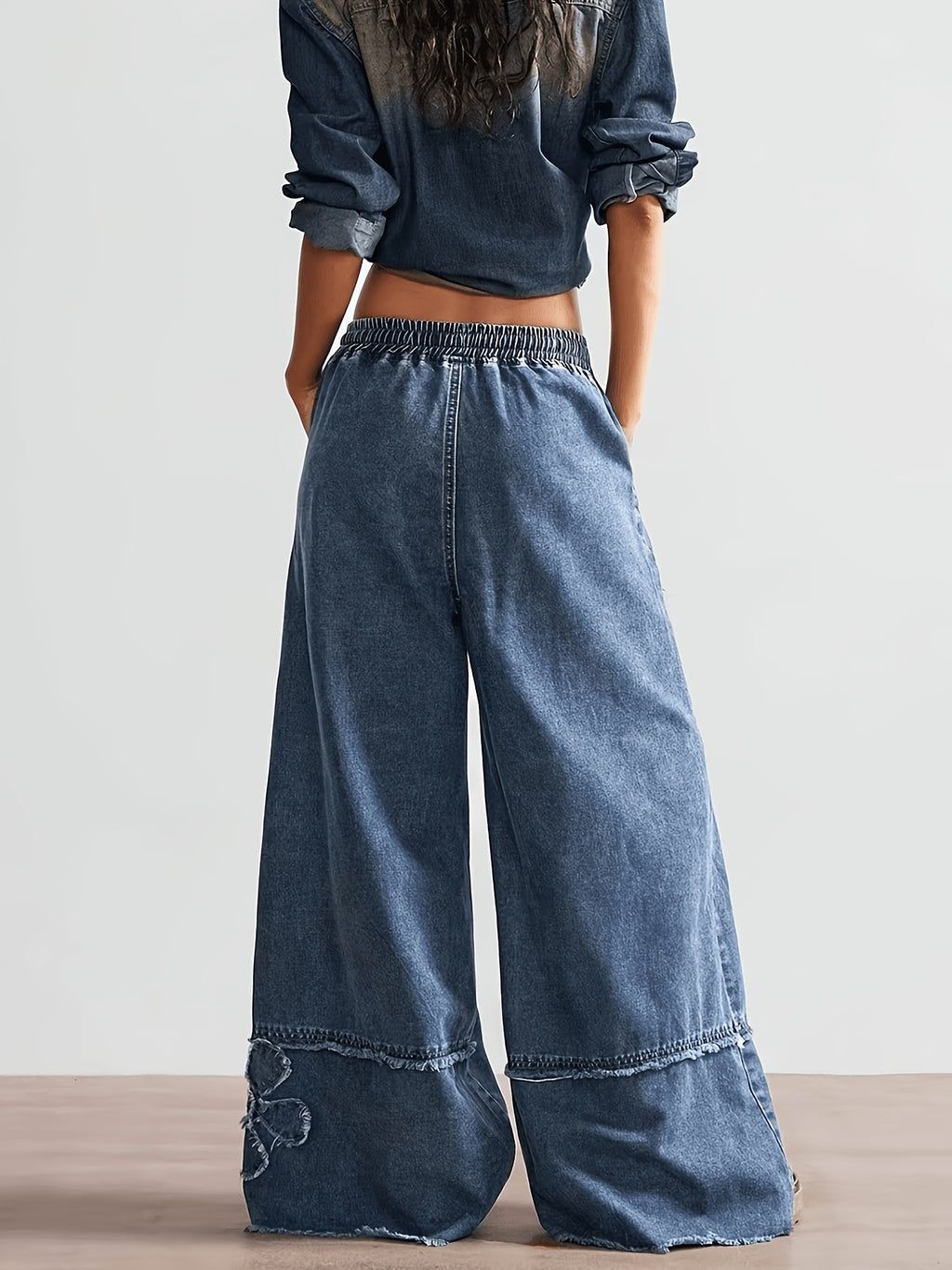 Women'S 3D Floral Wide-Leg Jeans, Elastic Waist Frayed Casual Trousers, Relaxed Tall-Looking Denim - Deep Blue