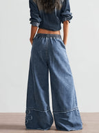 Women'S 3D Floral Wide-Leg Jeans, Elastic Waist Frayed Casual Trousers, Relaxed Tall-Looking Denim - Deep Blue