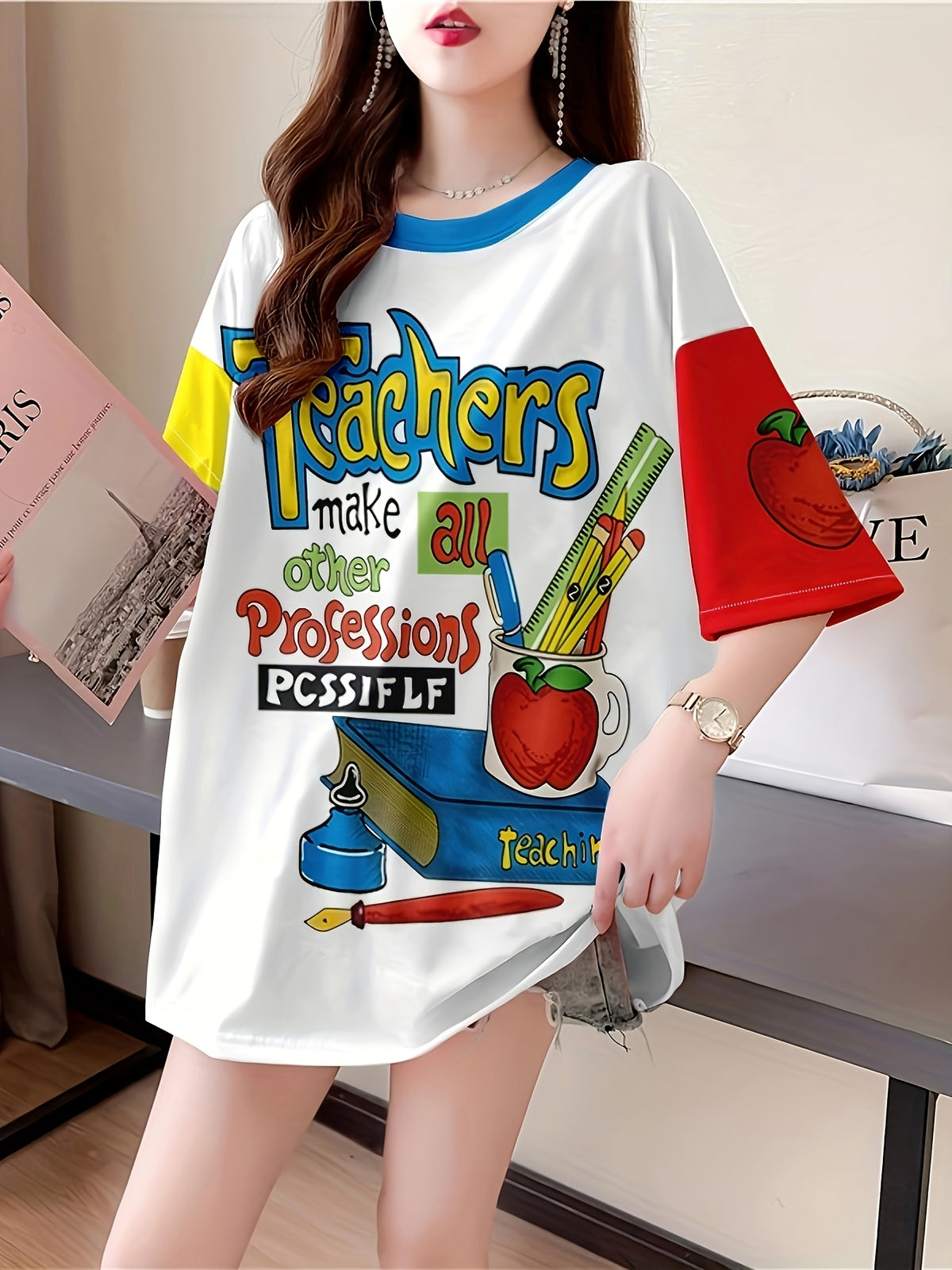 Women's Plus Size Cartoon Graphic T-Shirt - "Teachers Make a Big Impact" Design, Relaxed Fit Longline Top with Medium Stretch Fabric, Machine Washable Casual Tee for Spring Summer Fall, Casual Wear | Educational Motif | Nontransparent Material, Cute T - White