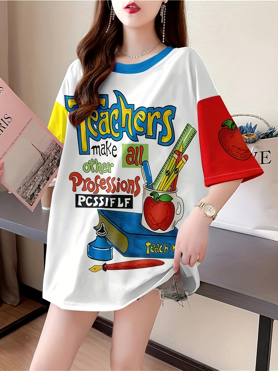 Women's Plus Size Cartoon Graphic T-Shirt - "Teachers Make a Big Impact" Design, Relaxed Fit Longline Top with Medium Stretch Fabric, Machine Washable Casual Tee for Spring Summer Fall, Casual Wear | Educational Motif | Nontransparent Material, Cute T - White