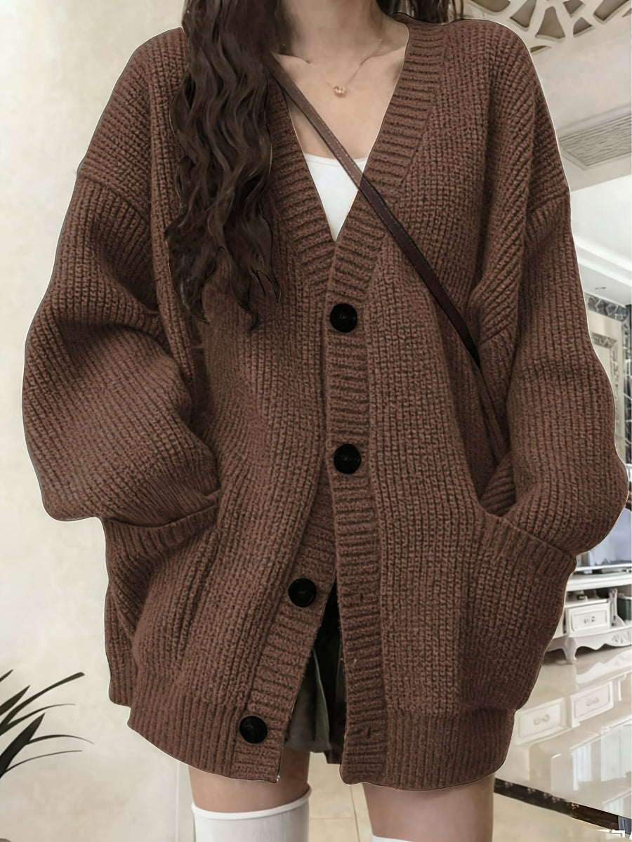 Button Front Cardigan With Patched Pocket, Casual V Neck Solid Color Ribbed Drop Shoulder Cardigan For Fall & Winter, Women's Clothing - Dark Brown