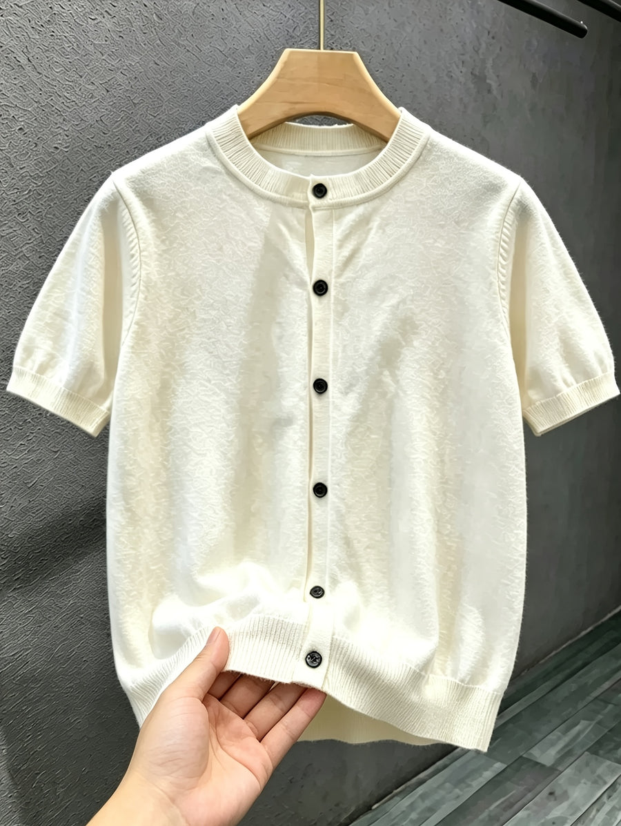 Men's Knitted Cardigan, In-Stock, High-End, Soft and Supple, Minimalist Round Neck Short Sleeve, Versatile for Summer Commuting and Casual Wear - Apricot