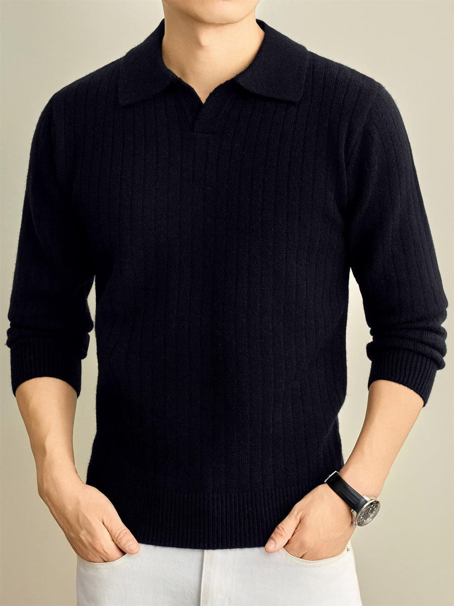 Autumn Winter Knit 3D Solid Color Lapel Polo Sweater, Basic Knit Pullover Top for Men, Fashionable Long Sleeve Sweater, Size S - Black