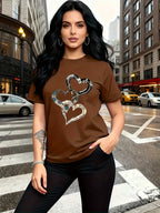 Emotion and Love" Representative, Metallic Art Heart Print Trendy Fashion, Simple Round Neck Casual Versatile Short Sleeve Women's T-Shirt for Leisure, Travel, and Vacation - Brown