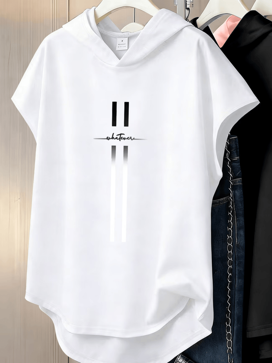 Letter Line Print Sports Casual Style Women'S Clothing Hooded Loose Design Soft And Comfortable Top Elegant Fashionable T-Shirt Hooded Short Sleeves Suitable for Spring, Summer, Autumn And Winter - White