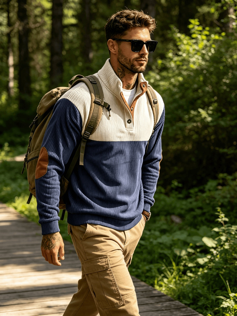 2026 New Men'S Color-Block Corduroy Sweatshirt - Casual Stand Collar, Long Sleeve with Ribbed Cuffs And Hem, Button Detail, Machine Washable - Elegant Two-Tone Patchwork for Fall, Autumn Fashion | Color-Block Design | Stretchable Fabric - Blue