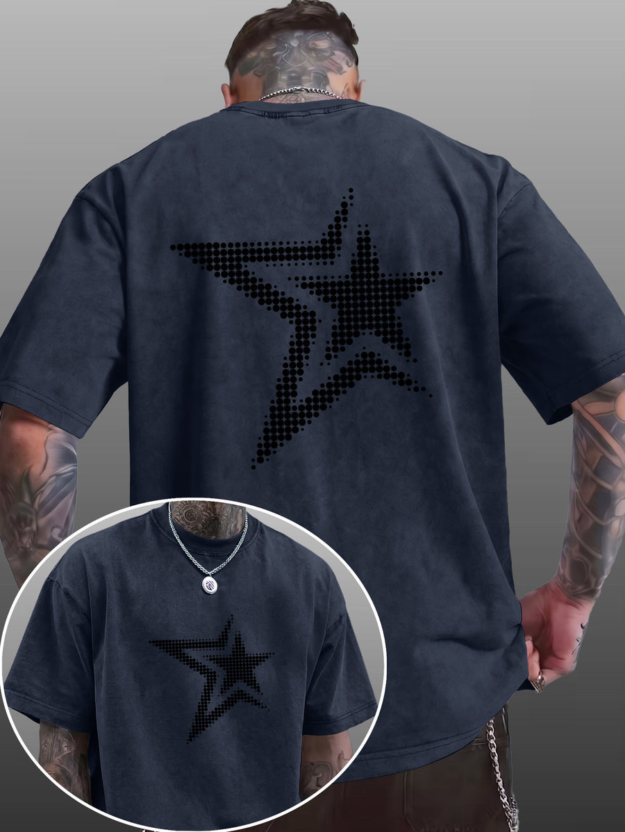 Men's Short-Sleeve T-Shirt, Pure Cotton Loose Fit Washed Distressed Half-Sleeve Top, Dot Matrix Overlapping Double Five-Star Trendy Reverse Double-Sided Print, Multiple Colors for Mix & Match, American Streetwear High Street Hip-Hop Y2K National - Navy Color