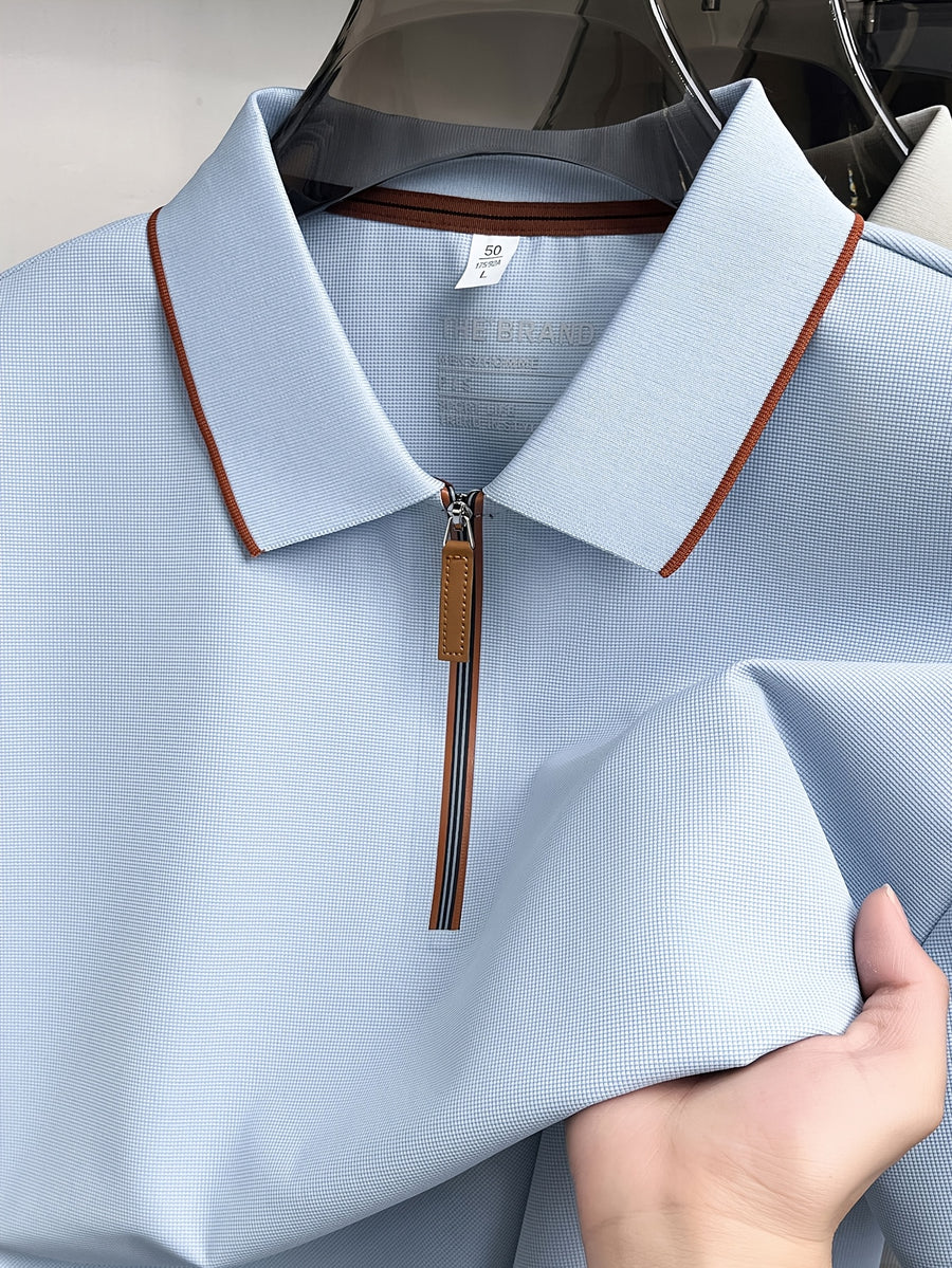 Men'S Zip-Up Polo Shirt, Summer Business Casual Contrast Collar Short Sleeve T-Shirt, Breathable Quick-Dry Commute Top, Men'S Athletic Polo Shirt, Summer Commute Men'S Clothing - Light Blue