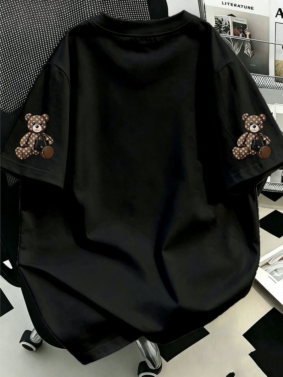 Plus Size, Plus-size Women's Crossbody Bag with Bear Print, Round Neck Short-sleeve T-shirt. Suitable for Summer Vacations, Beach, Holidays, Spring, Valentine's Day, Carnivals, Mother's Day Gifts; a Gift for Mom. Suitable for Daily Wear - Black