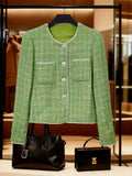Green Coat Fashion Jacket Top for Women, Elegant Socialite Temperament, Autumn/Winter New Short Sleeve Long Sleeve Outerwear with Button-Front Design, Heavy Beading Detail - Green