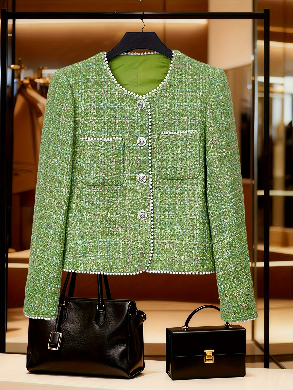 Green Coat Fashion Jacket Top for Women, Elegant Socialite Temperament, Autumn/Winter New Short Sleeve Long Sleeve Outerwear with Button-Front Design, Heavy Beading Detail - Green