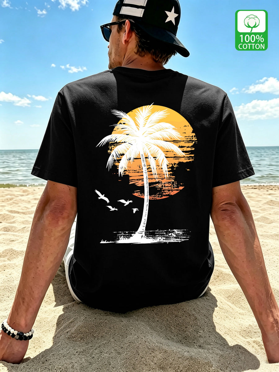 Men's New Style Pure Cotton Short Sleeve Crew Neck T-Shirt with Palm Tree Sunset Print, Suitable for Vacation, Daily Casual Wear, Comfortable, Soft, Breathable, Summer Essential - Black
