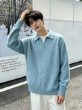 Autumn Winter Men'S Knit Sweater New Retro Casual Cable Texture Lapel Polo Sweater, Long Sleeve V-Neck Loose Lazy Daily Commute Pullover Top, Suitable for Outdoor Travel Easy Light Mature Style Wear - Peacock Blue