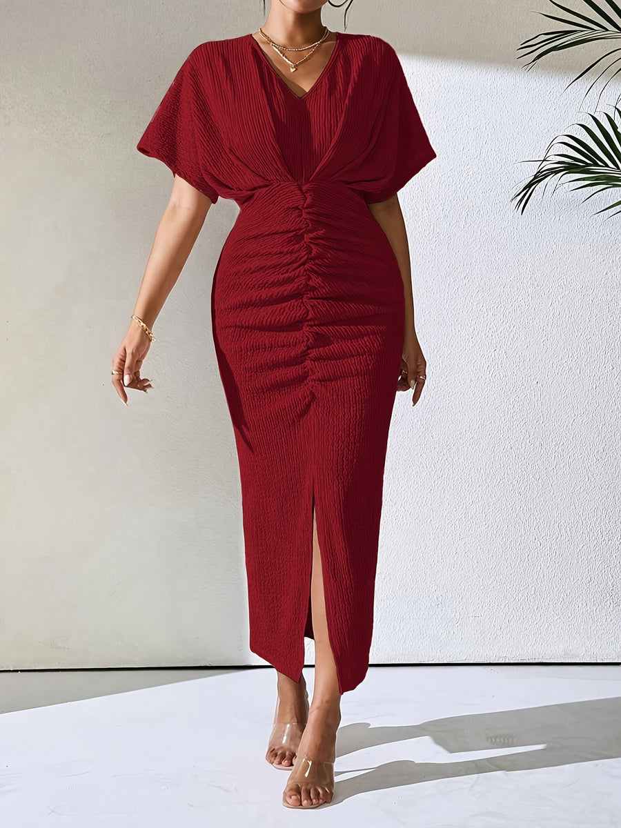 YY0514056 Textured Short Sleeve Batwing Maxi Dress, V-Neck Ruched Elegant Long Gown - Burgundy