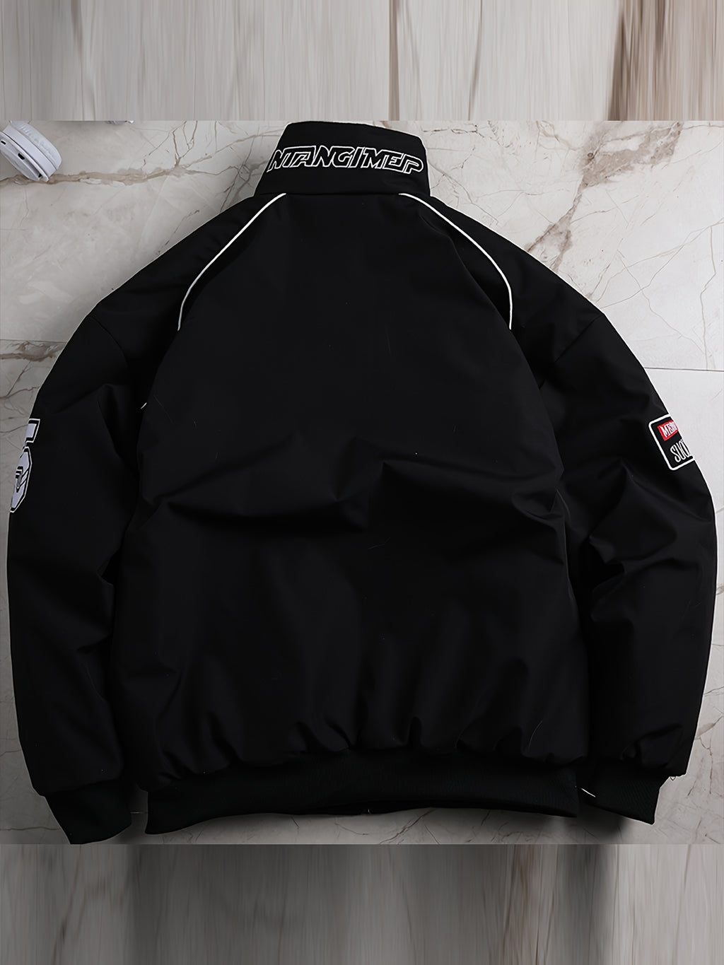 Men'S Thickened Windproof Racing Style Jacket, Stand Collar Full Zip Closure, Letter Patch Badge Decor, Windproof And Warm, Loose Fit, Multi-Color Available, Suitable for Autumn/Winter Motorcycle Riding, Road Trips, Travel Holidays, City Commuting - Black