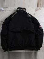 Men'S Thickened Windproof Racing Style Jacket, Stand Collar Full Zip Closure, Letter Patch Badge Decor, Windproof And Warm, Loose Fit, Multi-Color Available, Suitable for Autumn/Winter Motorcycle Riding, Road Trips, Travel Holidays, City Commuting - Black