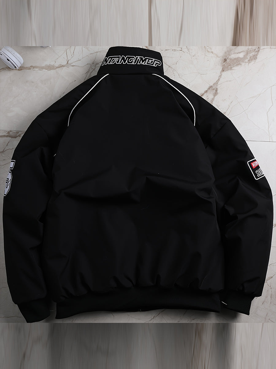Men'S Thickened Windproof Racing Style Jacket, Stand Collar Full Zip Closure, Letter Patch Badge Decor, Windproof And Warm, Loose Fit, Multi-Color Available, Suitable for Autumn/Winter Motorcycle Riding, Road Trips, Travel Holidays, City Commuting - Black