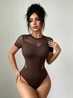 Sexy Mesh Cutout Fitted Short Sleeve Bodysuit, Women'S Casual Street Style - Coffee Color