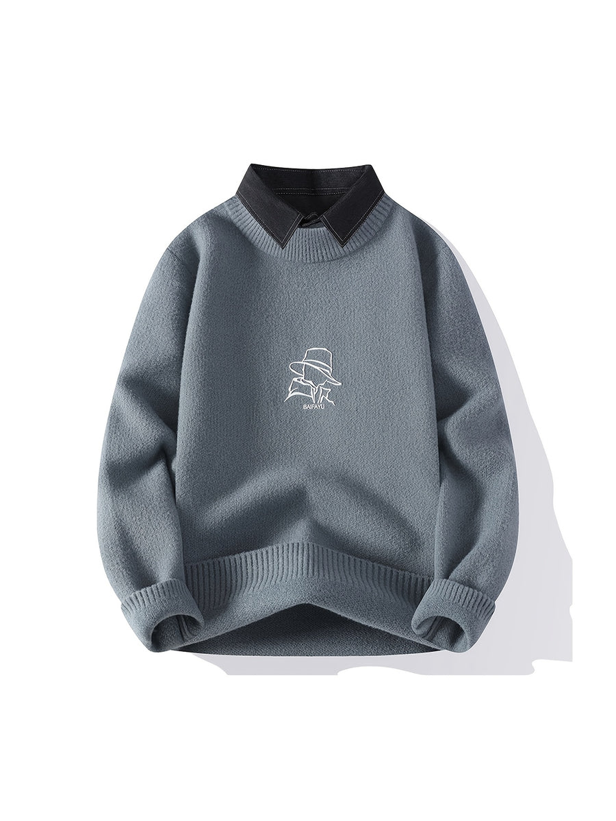 New Autumn And Winter Styles for Young Men'S Lapel Fake Two-Piece Knitted Sweater, Warm Sweater, Fashionable, Casual And Versatile - Grey