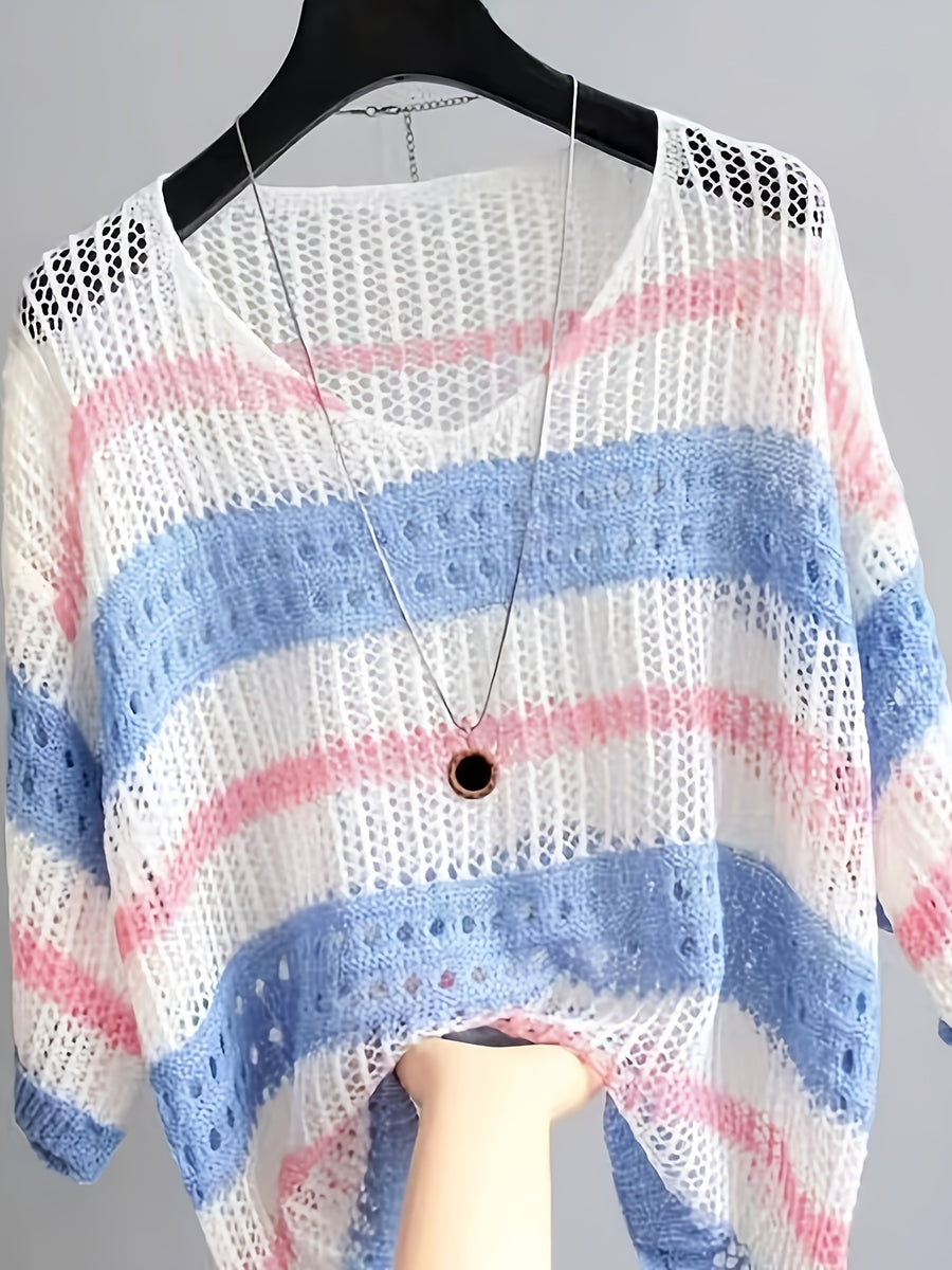 Summer Elegant Loose Hollow-Out Beach Half-Sleeve Cover-Up - White