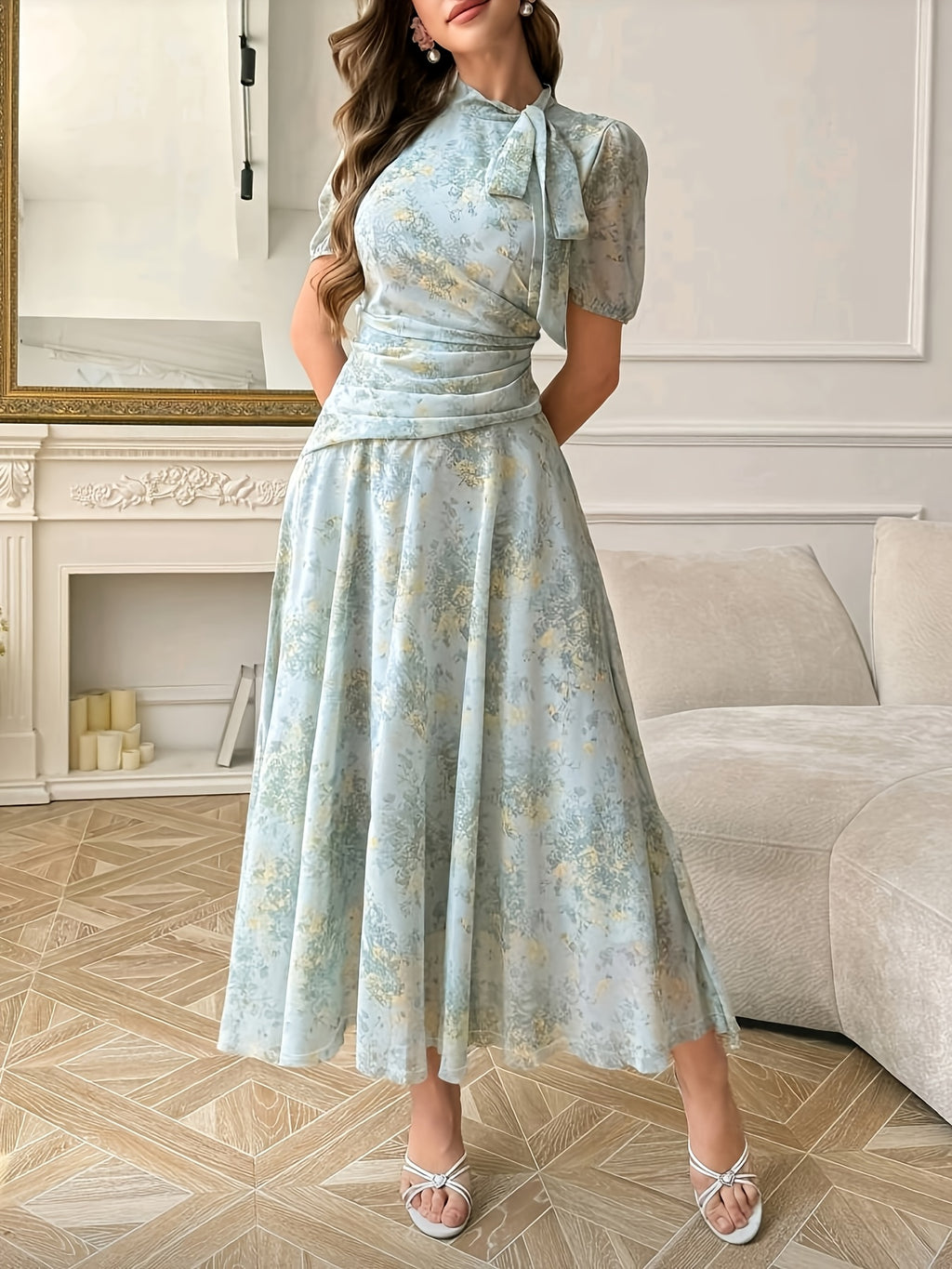 Women'S Dress, Fashion Stand Collar Tie-String Holiday Long Dress, Elegant Printed Fitted Short Sleeve Dress - Light Cyan