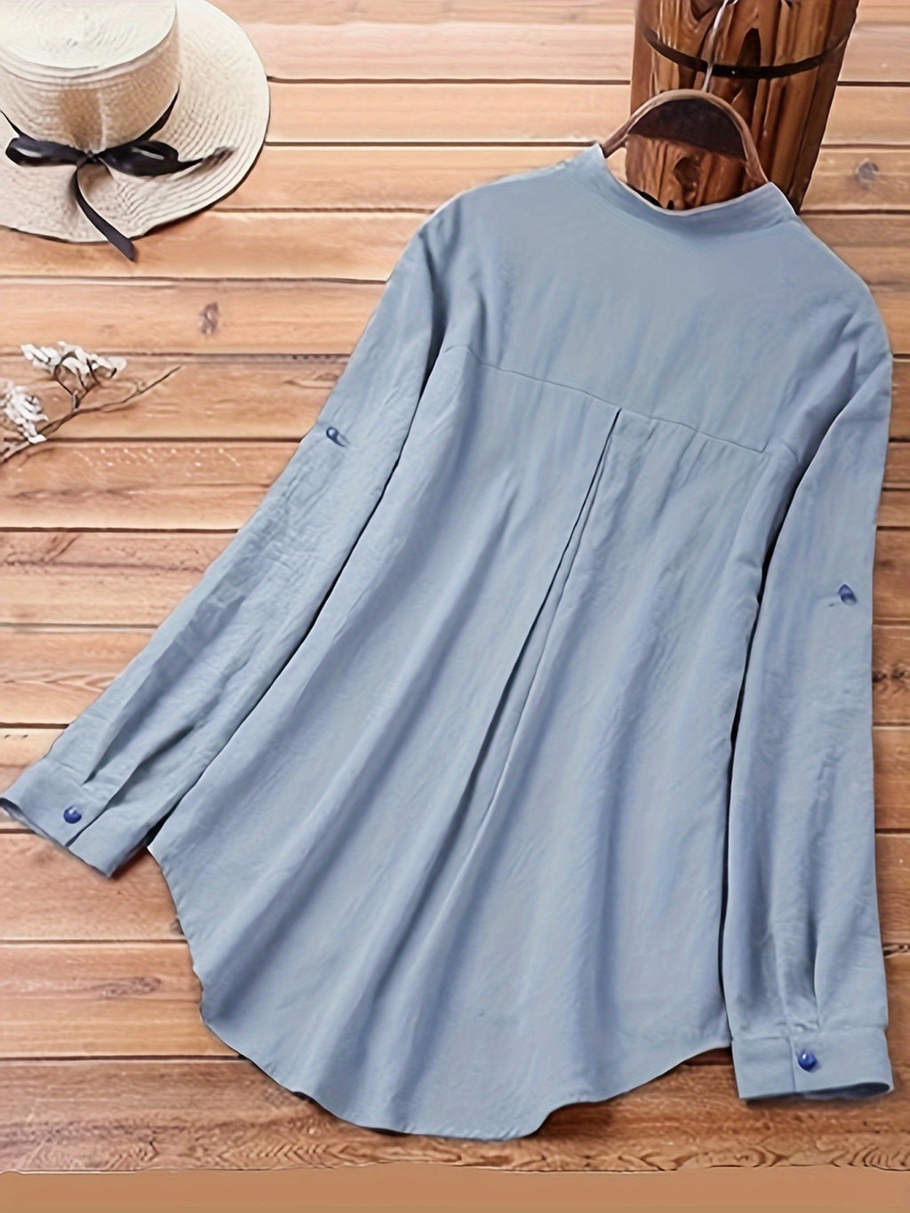 Cat & Butterfly Print Button Up Shirt, Casual Long Sleeve Shirt For Spring & Fall, Women's Clothing - Light Blue