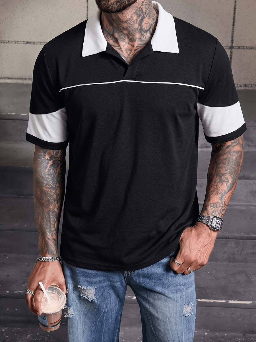 American-style Trendy Black and White Color-block Short-sleeve Polo Shirt, New Summer Loose-fit Contrast-color Lapel Men's Top, Soft, Breathable, and Comfortable Fabric, Streetwear and Date Fashion Outfit - Black