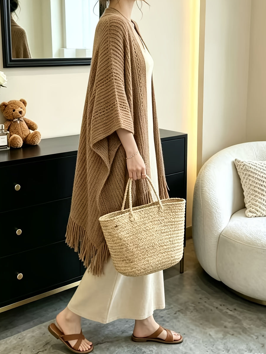 Daily Casual Fringe Poncho Cape, Batwing Sleeve Open Front Cardigan Coat, Soft Hollow Shawl Wrap Outer Top for Women - Camel