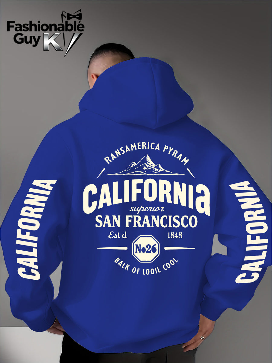 Hooded Sweatshirt with Street Culture Symbols: Featuring a "CALIFORNIA" Print That Embodies the Grandeur of the Wilderness and the Pioneering Spirit, This Sweatshirt Serves as an Exclusive Symbol for Street Culture Enthusiasts to Connect - Blue