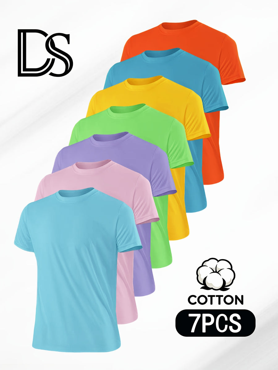 7pcs Men's Pure Crew Neck Short Sleeve T-Shirts, Unisex Basic Short Sleeve Tops, Matching Couple's Style, Comfortable, Soft, Breathable, and Sweat-Wicking, Suitable for Layering or Wearing Alone, Ideal for Sports, Outdoor, Casual, and Commuting - Mixed Color 3