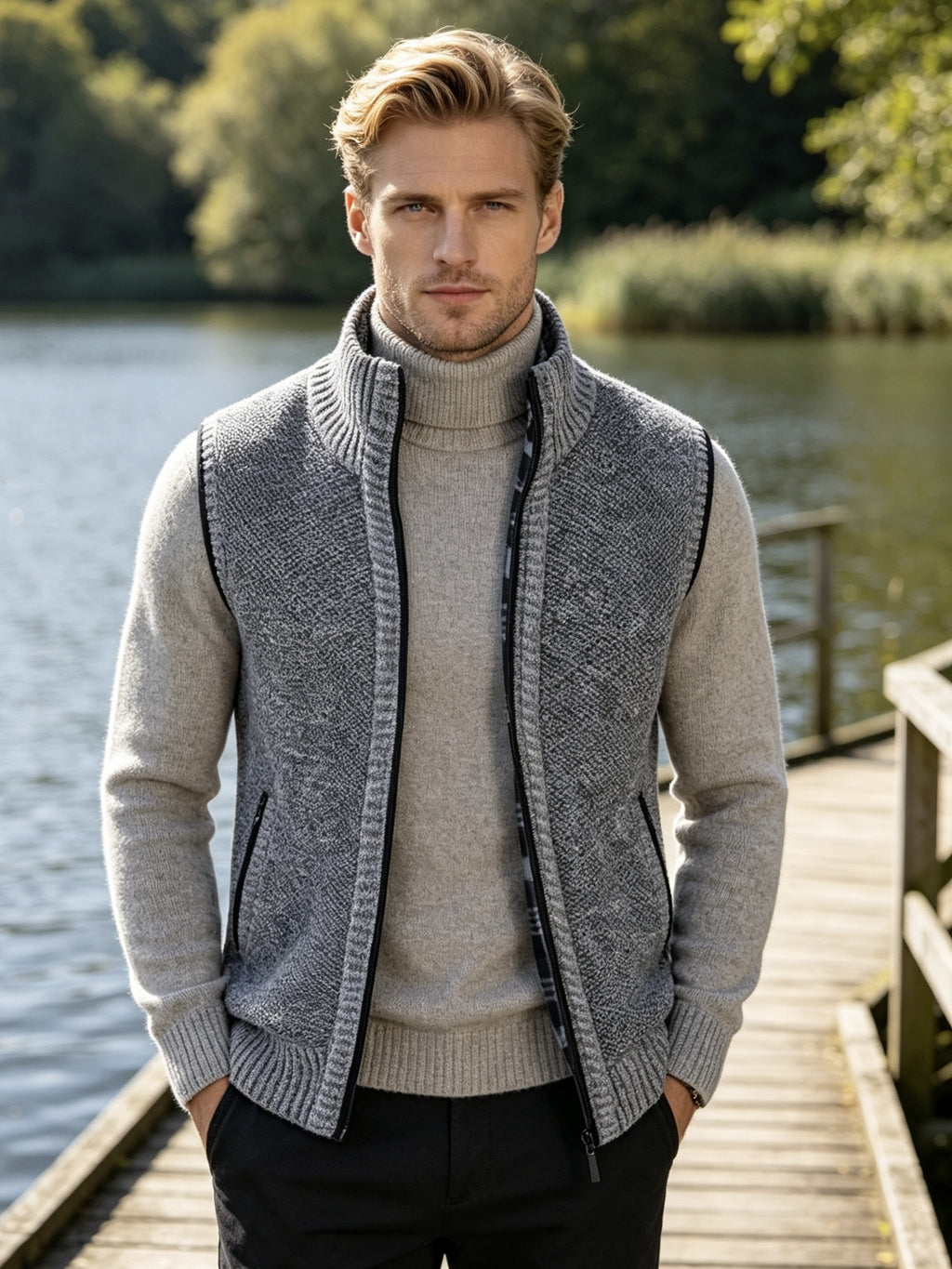 Men'S Stand Collar Zip-Up Vest, Thick Warm Sleeveless Sweater Waistcoat Gilet, Casual Fall Winter Outerwear Sleeveless Cardigan for Daily Commute Outdoor Street Wear - Light Grey