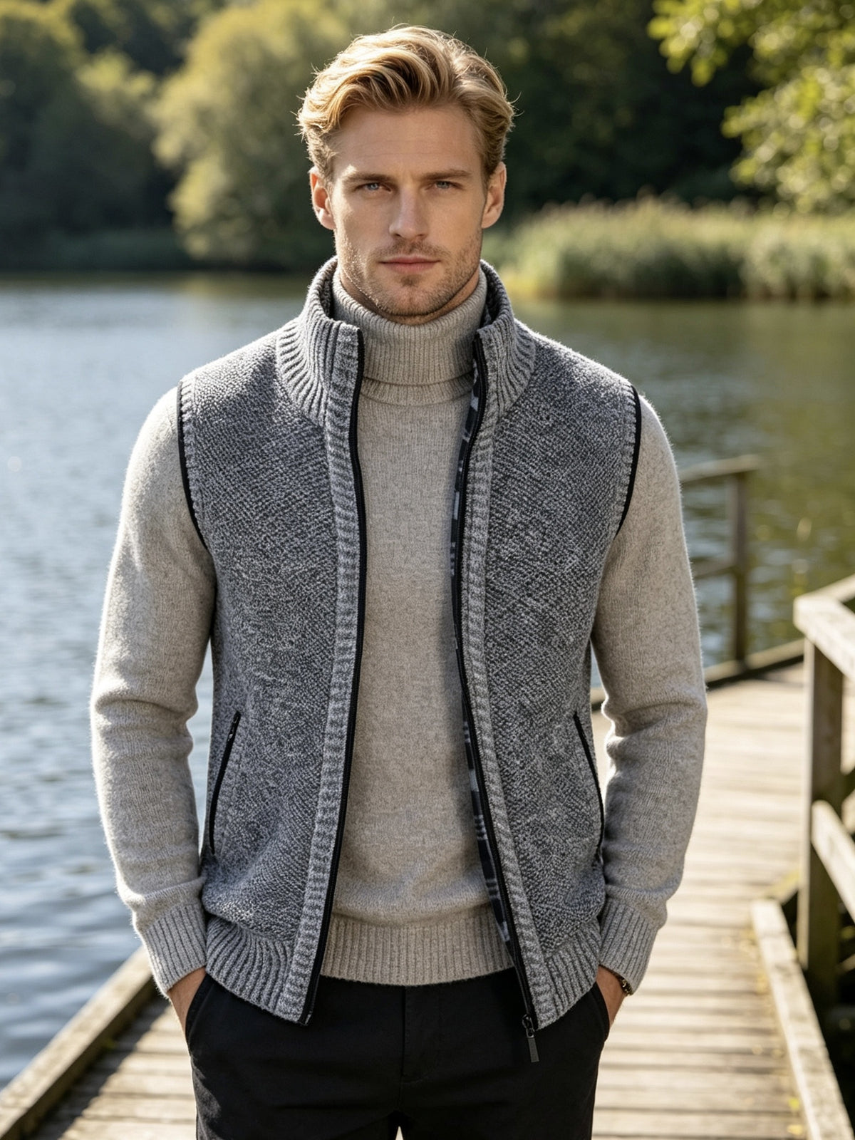 Men'S Stand Collar Zip-Up Vest, Thick Warm Sleeveless Sweater Waistcoat Gilet, Casual Fall Winter Outerwear Sleeveless Cardigan for Daily Commute Outdoor Street Wear - Light Grey