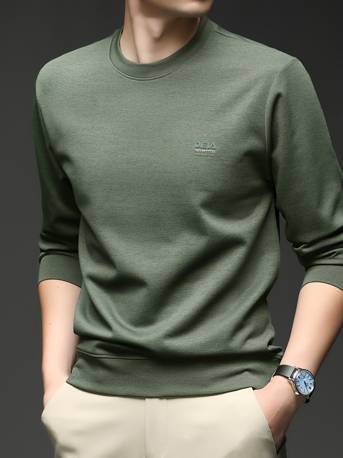[Saa Xing OBM] 1pc Spring/Autumn New Men'S Sweatshirt, Solid Color Round Neck Long Sleeve Men'S Business Casual Fashion Breathable All-Match Pullover Base Layer Top, Suitable for Spring And Autumn, Single Wear Or Inner Layer, Fits Daily And Casual - Grass Green