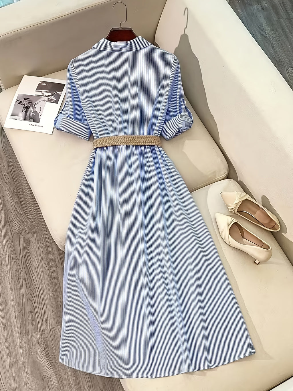 YTD Women's Casual Striped Long Sleeve Single-Breasted Pocket Long Shirt Dress HF869 with Belt - Royal Blue