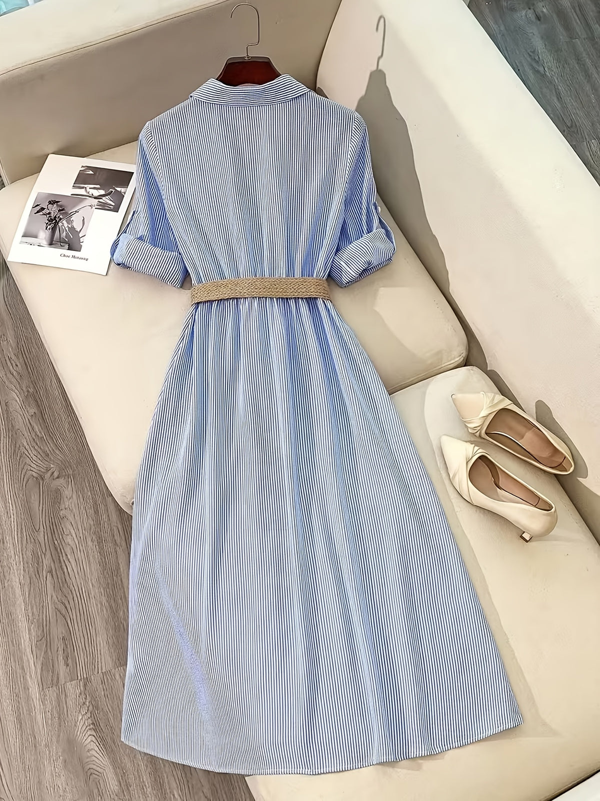 YTD Women's Casual Striped Long Sleeve Single-Breasted Pocket Long Shirt Dress HF869 with Belt - Royal Blue