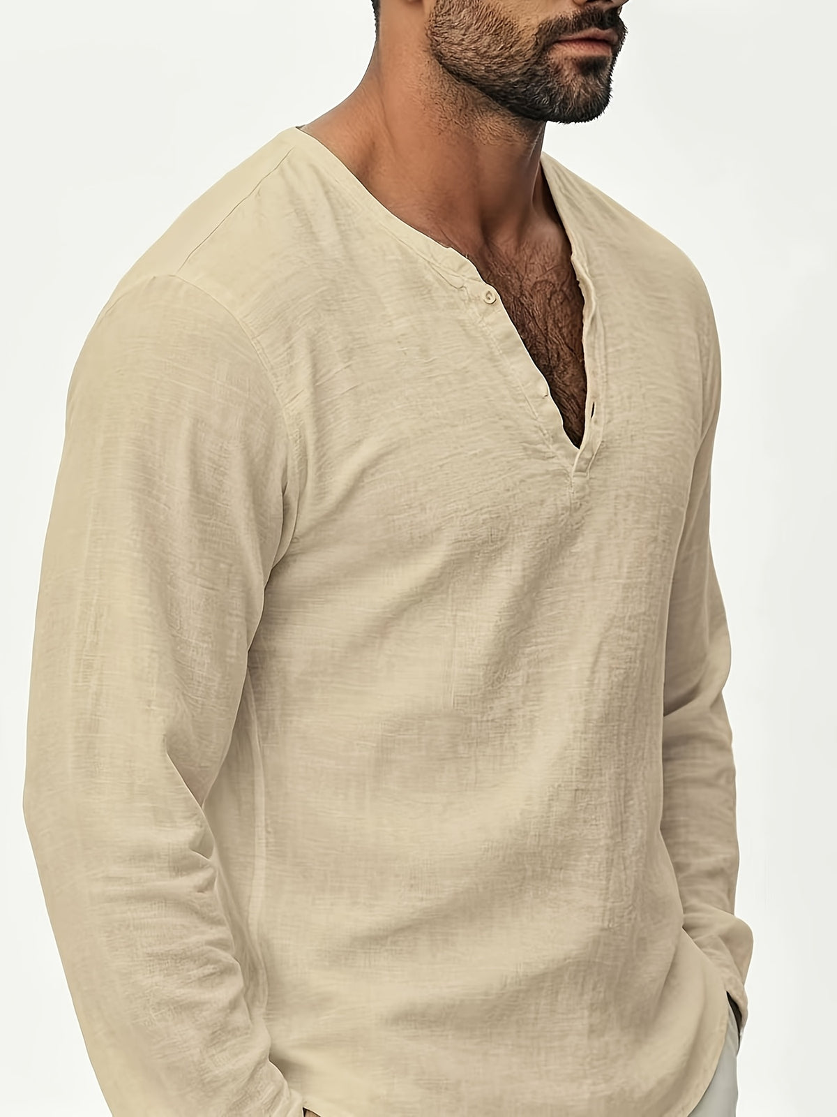 Henley Shirt Men'S Linen Long Sleeve Seasonal Lightweight Breathable V-Neck Loose Beach Vacation Casual Top - Khaki