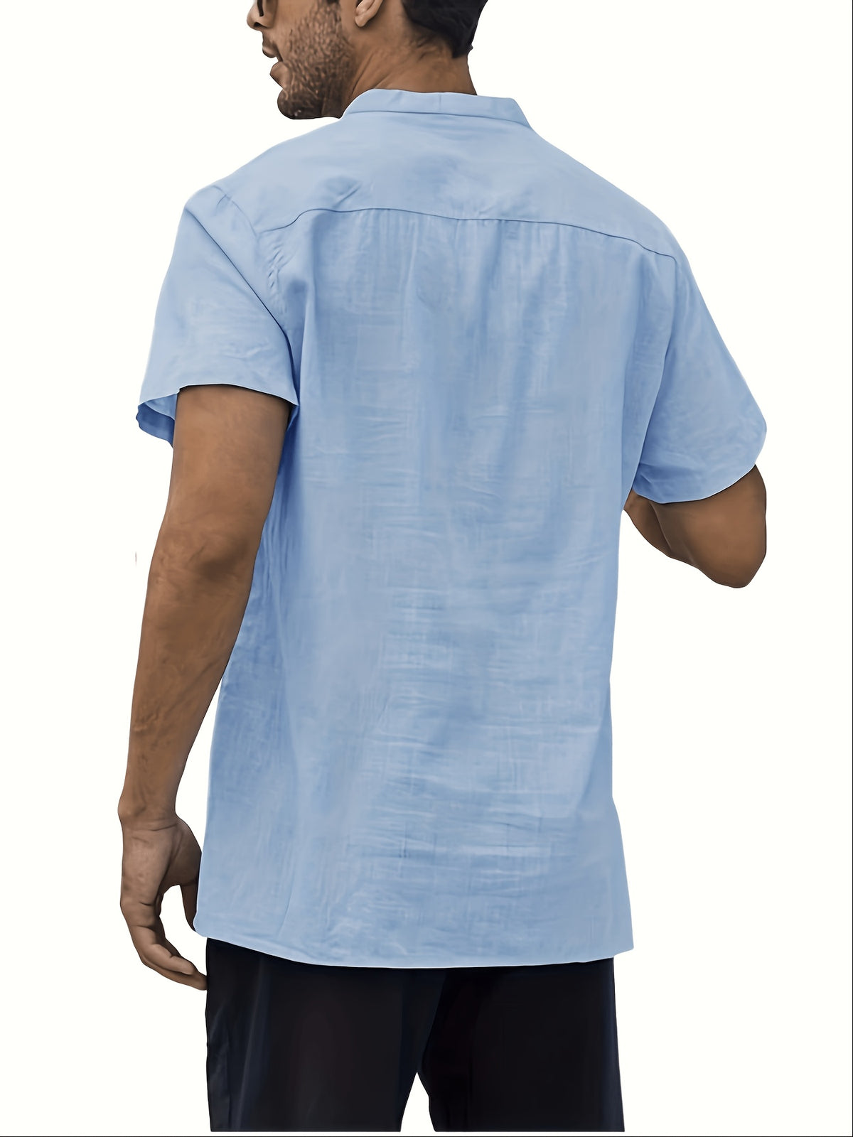 Men'S Summer Henley Collar Short Sleeve T-Shirt, Stand-Up Collar Casual Top, Breathable Linen, for Pool Parties, Beach Vacations, Ideal Choice for Beachwear Gifts - Sky Blue