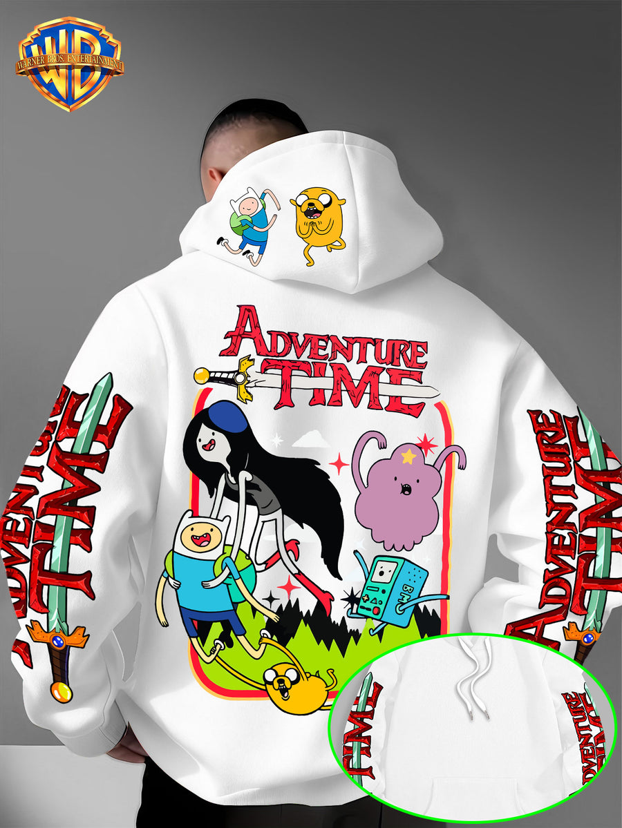 Warner Bros. Adventure Time Large Back Print, Hooded Sweatshirt with Hat Design Pattern, Multifunctional Street Style Men's Hoodie, Comfortable and Casual, Suitable for Autumn and Winter Wear - White