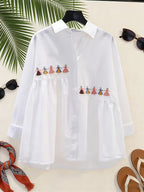 Women's Long Sleeve Loose-Fit Cartoon White Shirt, New Spring/Autumn Asymmetrical Design with Left and Right Unequal Hemlines, Versatile Top Suitable for Work and Shopping - White