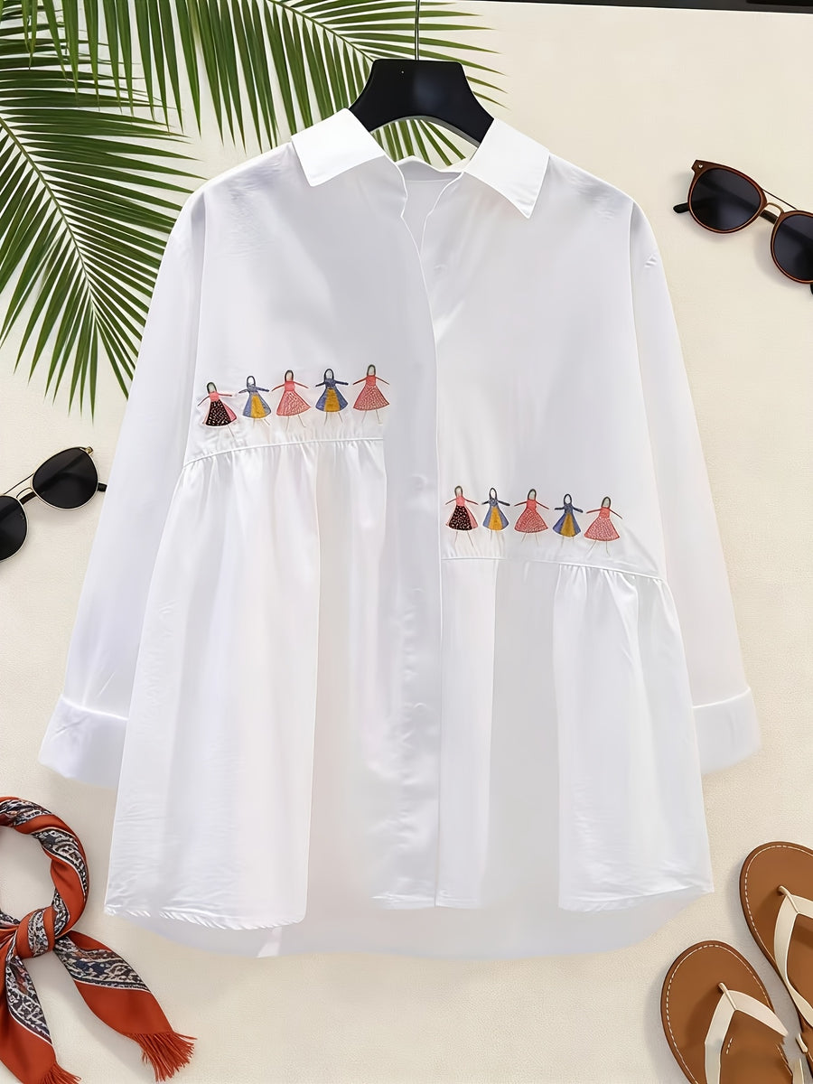 Women's Long Sleeve Loose-Fit Cartoon White Shirt, New Spring/Autumn Asymmetrical Design with Left and Right Unequal Hemlines, Versatile Top Suitable for Work and Shopping - White