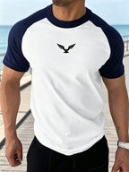 Men's Eagle Print Patchwork Short Sleeve T-Shirt, Crew Neck Casual Short Sleeve Tee, Suitable for Daily Life, Fashionable Style for Adults and Teens, Versatile for Summer - navy blue + white