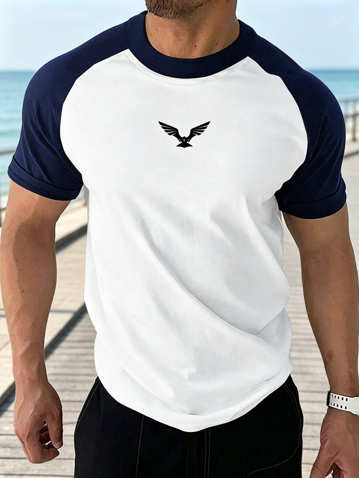 Men's Eagle Print Patchwork Short Sleeve T-Shirt, Crew Neck Casual Short Sleeve Tee, Suitable for Daily Life, Fashionable Style for Adults and Teens, Versatile for Summer - navy blue + white