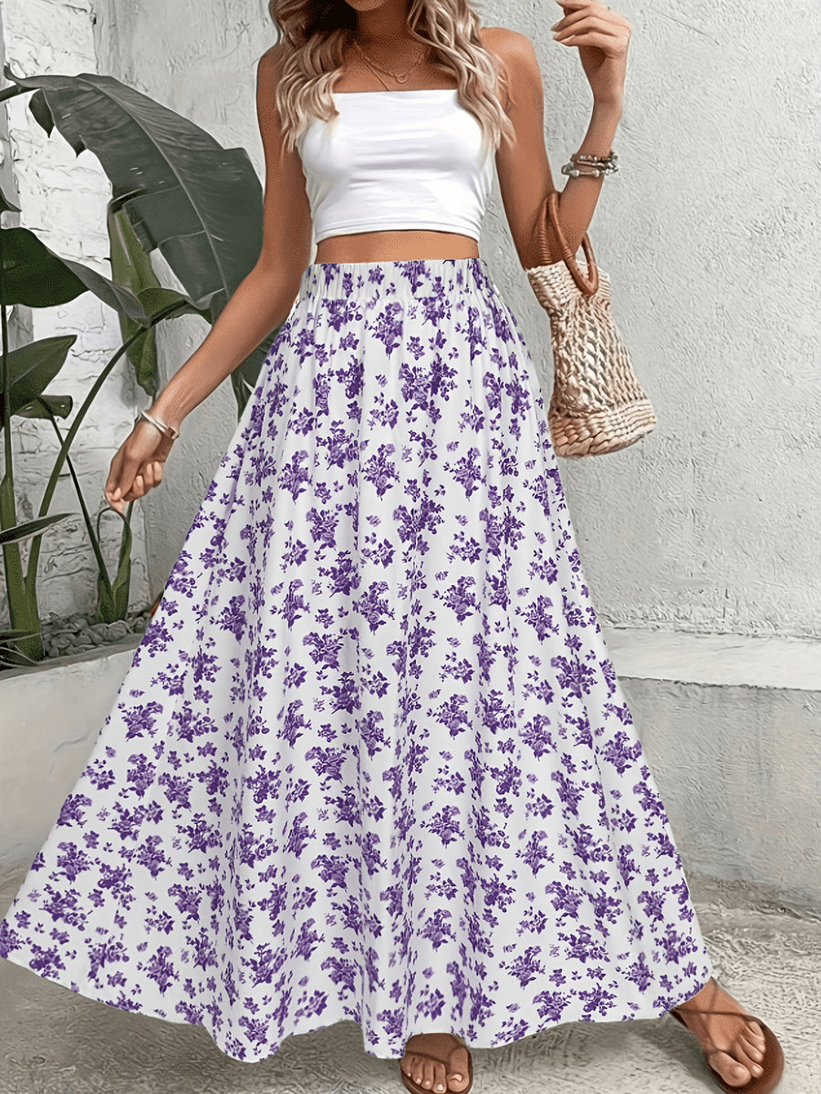 1pc Women'S Floral Print Elastic High-Waist A-Line Skirt - Violet